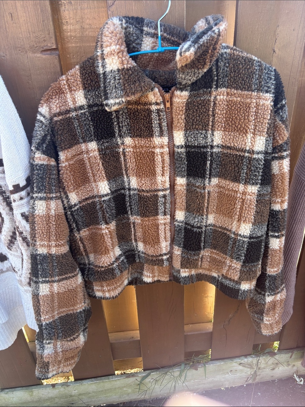 Zaful Brown Plaid Teddy Sherpa Zip Jacket